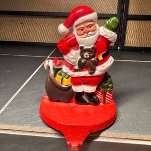 Vintage Cast Iron Santa Claus Christmas Stocking‎ Holder Figurine Red Teddy Bear